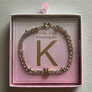 NEW Gold “K” Charm Bracelet Rhinestone Accents Pink Gift Box UNOPENED